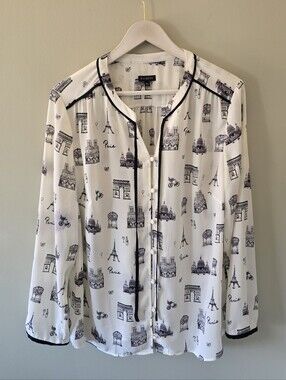 NWOT Talbots XL Contemporary Parisian Dainty Feminine Paris Print Chiffon Blouse